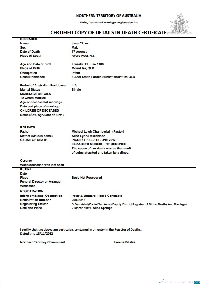 Премиум Скачать Австралия Northern Территория Австралия Death Certificate Шаблон в Word Формат Photoshop Шаблон