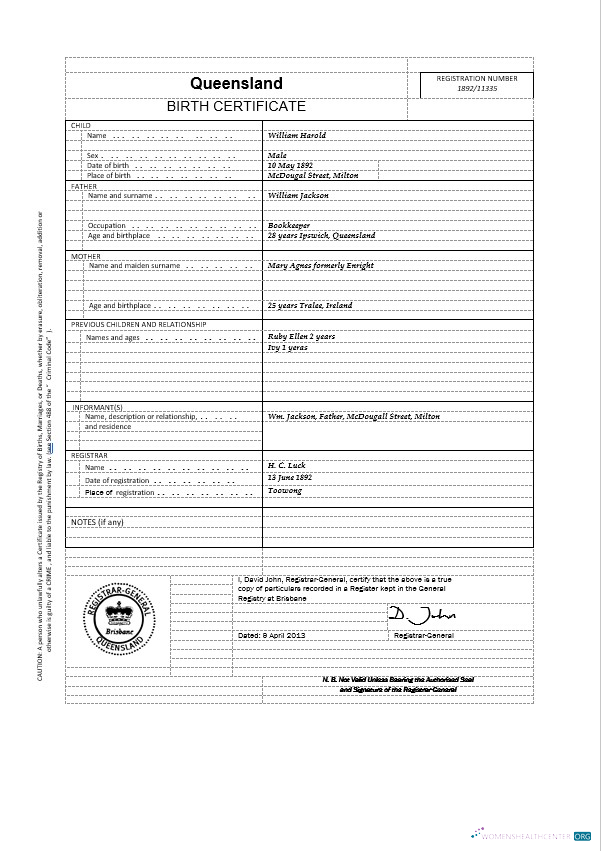 Реалистичный Скачать Австралия Queensland Birth Certificate Шаблон в Word Photoshop Шаблон