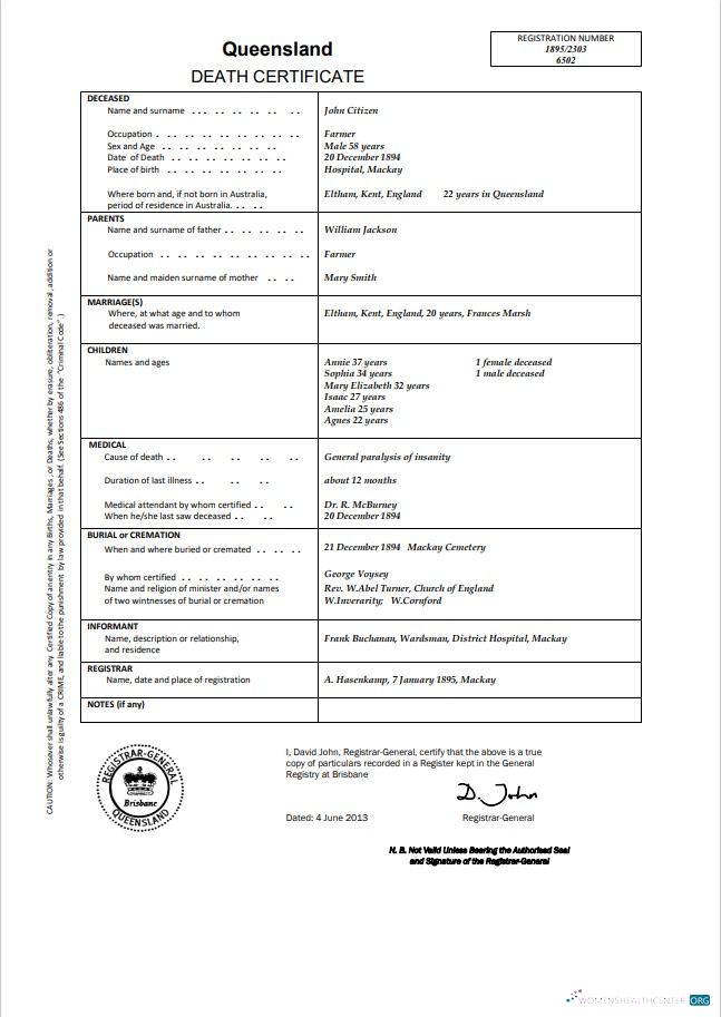 Профессиональный Скачать Австралия Queensland Death Certificate Шаблон в Word Photoshop Шаблон