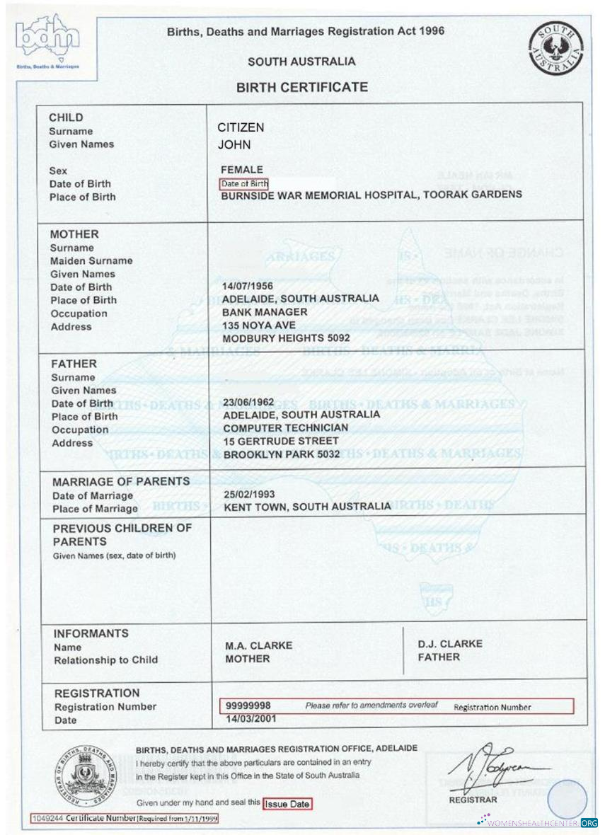 Редактируемый Скачать Австралия Южный Австралия Birth Certificate Photoshop Шаблон