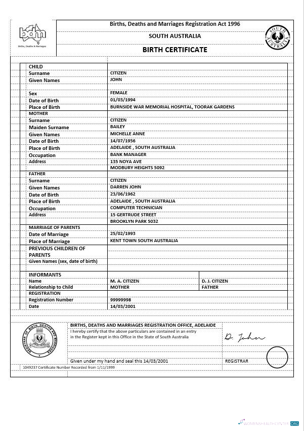 Реалистичный Скачать Австралия Южный Австралия Birth Certificate Версия 1 Photoshop Шаблон