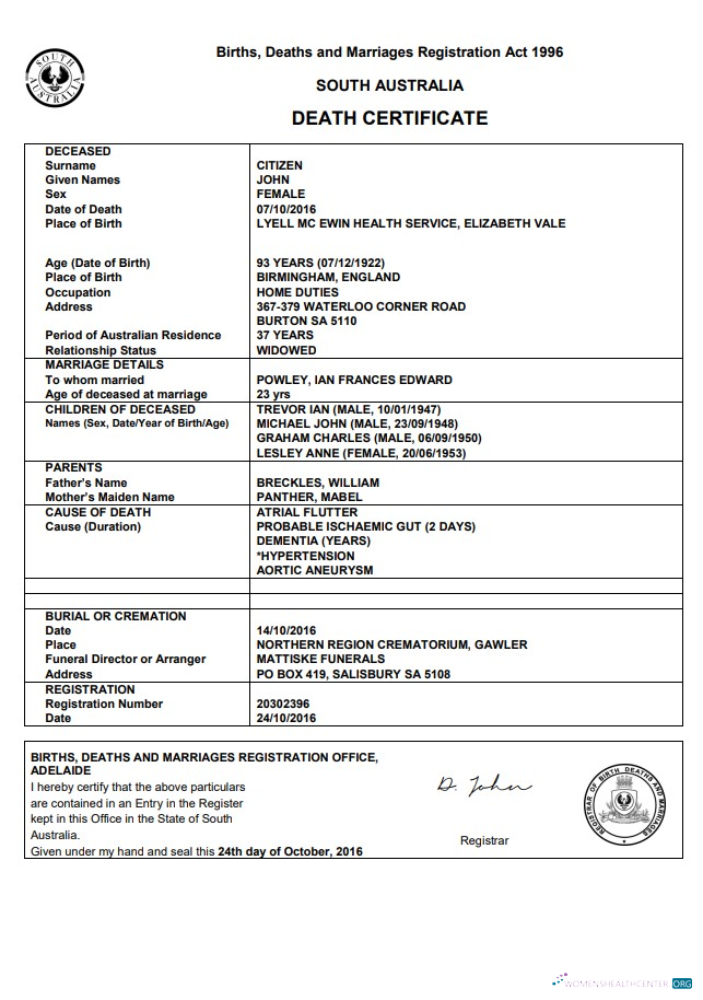 Редактируемый Скачать Австралия Южный Австралия Death Certificate Шаблон в Word Формат Photoshop Шаблон