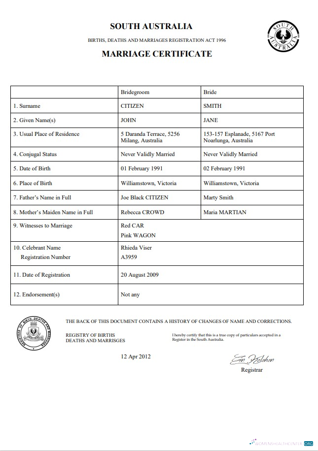 Редактируемый Скачать Австралия Южный Австралия Marriage Certificate Шаблон в Word Photoshop Шаблон
