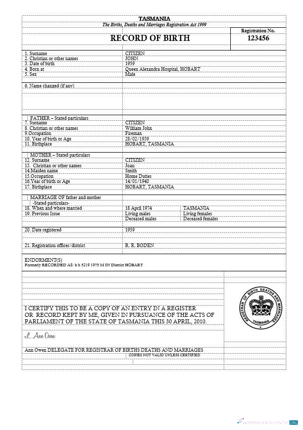 Профессиональный Скачать Австралия Tasmania Birth Certificate Шаблон в Word Формат Photoshop Шаблон