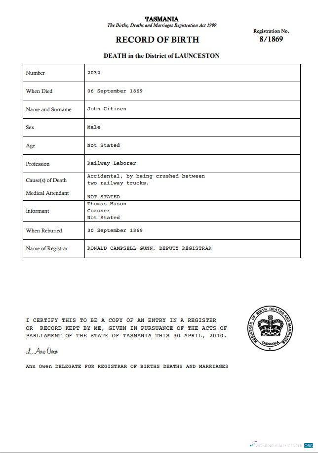 Качественный Скачать Австралия Tasmania Death Certificate Шаблон в Word Photoshop Шаблон