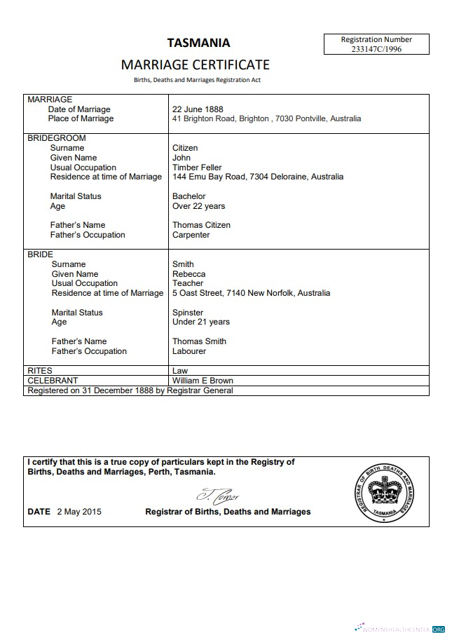 Редактируемый Скачать Австралия Tasmania Marriage Certificate Шаблон в Word Photoshop Шаблон