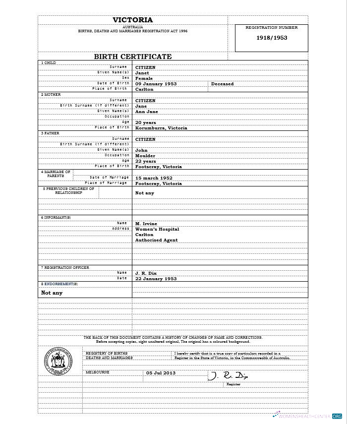 Качественный Скачать Австралия Victoria Birth Certificate Шаблон в Word Формат, Версия 1 Photoshop Шаблон