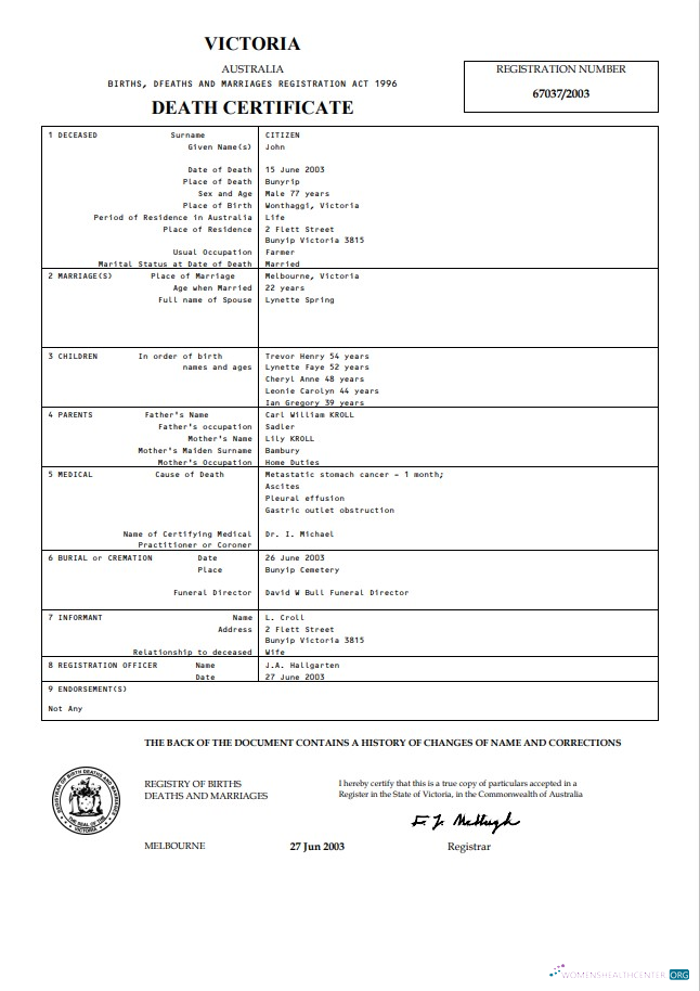 Качественный Скачать Австралия Victoria Death Certificate Шаблон в Word Формат Photoshop Шаблон