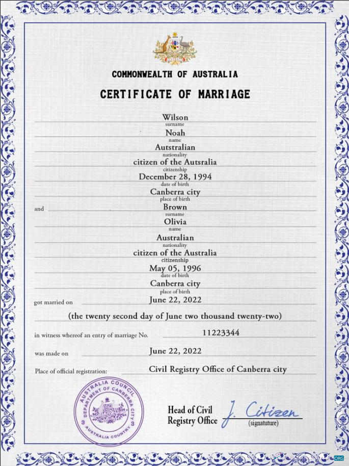 Премиум Скачать Австралия Marriage Certificate PSD Шаблон Photoshop Шаблон