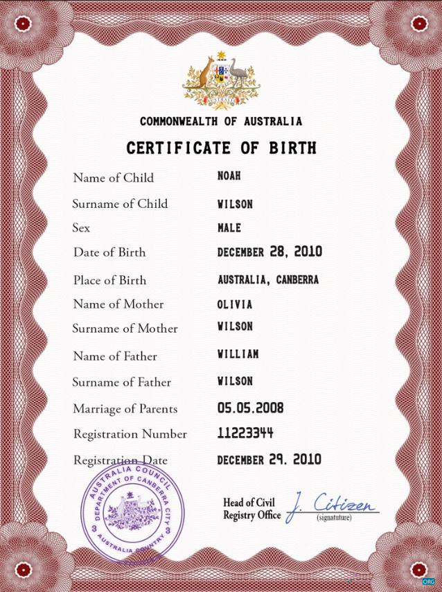 Редактируемый Скачать Австралия Vital Record Birth Certificate PSD Шаблон Photoshop Шаблон