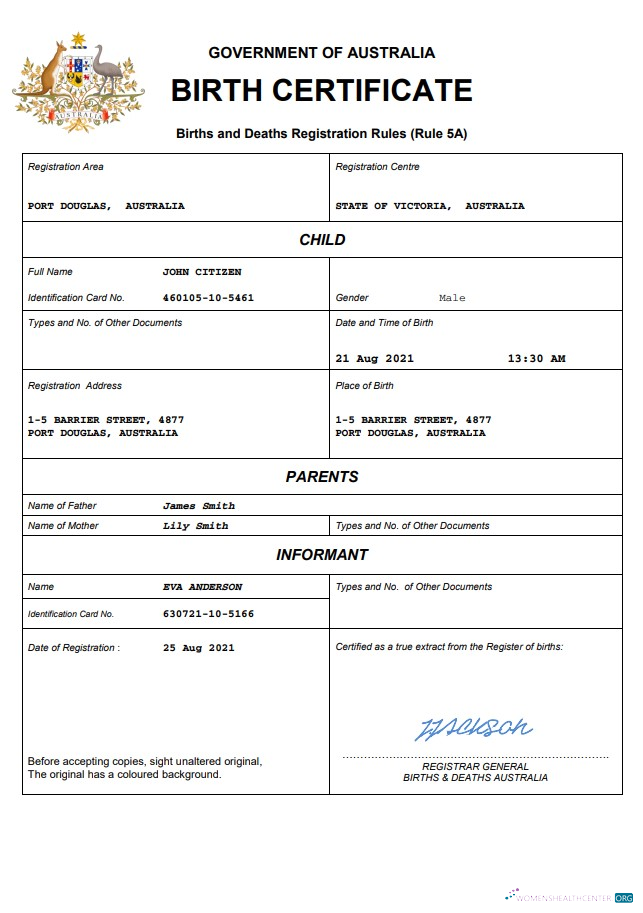 Реалистичный Скачать Австралия Vital Record Birth Certificate Word и PDF Шаблон Photoshop Шаблон