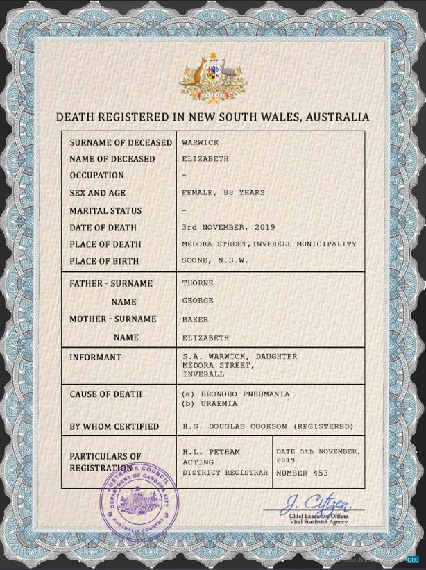 Редактируемый Скачать Австралия Vital Record Death Certificate PSD Шаблон Photoshop Шаблон
