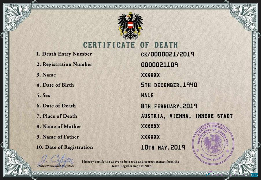 Профессиональный Скачать Австрия Death Certificate PSD Шаблон, Photoshop Шаблон