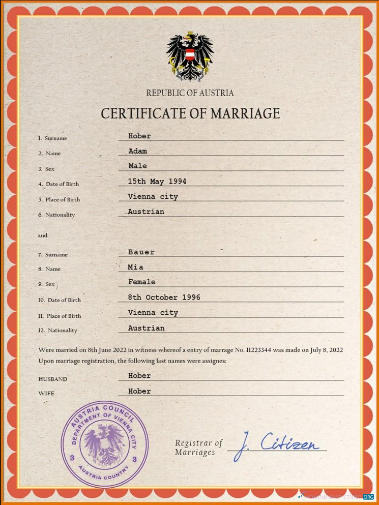 Качественный Скачать Австрия Marriage Certificate PSD Шаблон, Photoshop Шаблон