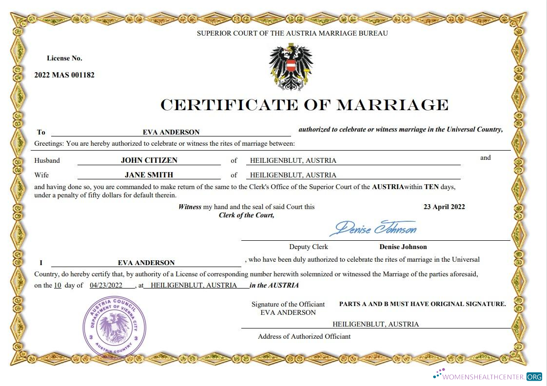 Реалистичный Скачать Австрия Marriage Certificate Word и PDF Шаблон, Photoshop Шаблон