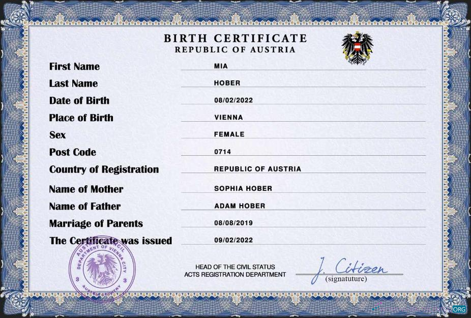 Профессиональный Скачать Австрия Vital Record Birth Certificate PSD Шаблон, Photoshop Шаблон