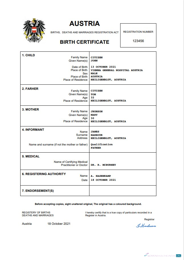 Реалистичный Скачать Австрия Vital Record Birth Certificate Word и PDF Шаблон Photoshop Шаблон