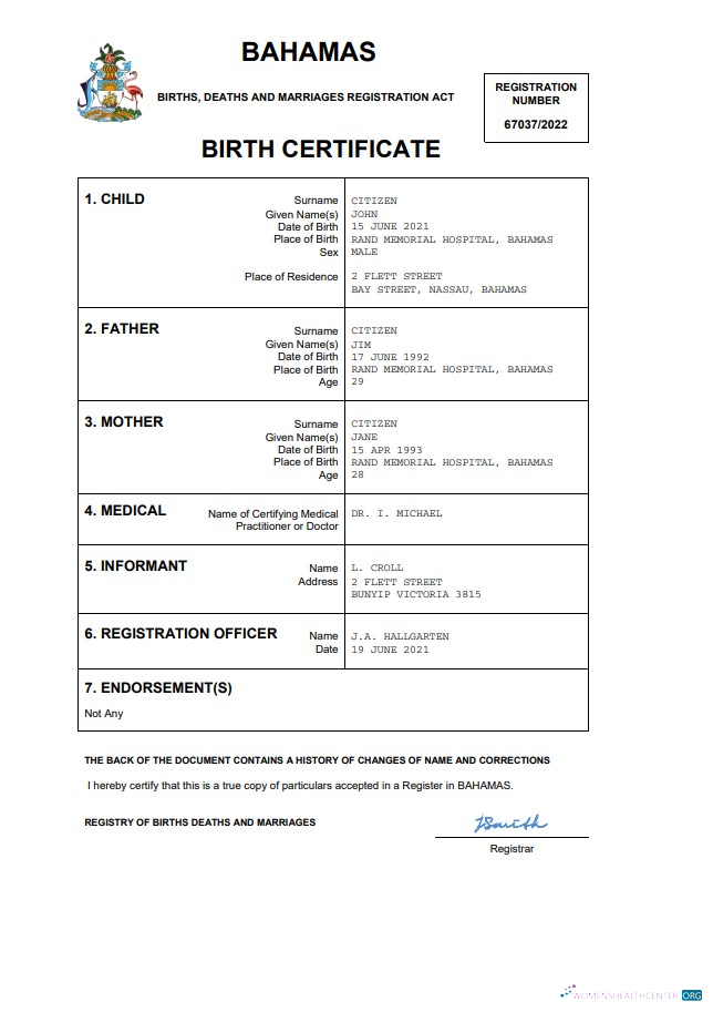 Редактируемый Скачать Багамы Vital Record Birth Certificate Word и PDF Шаблон Photoshop Шаблон