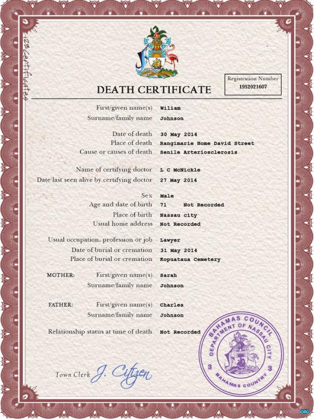 Реалистичный Скачать Багамы Vital Record Death Certificate PSD Шаблон Photoshop Шаблон