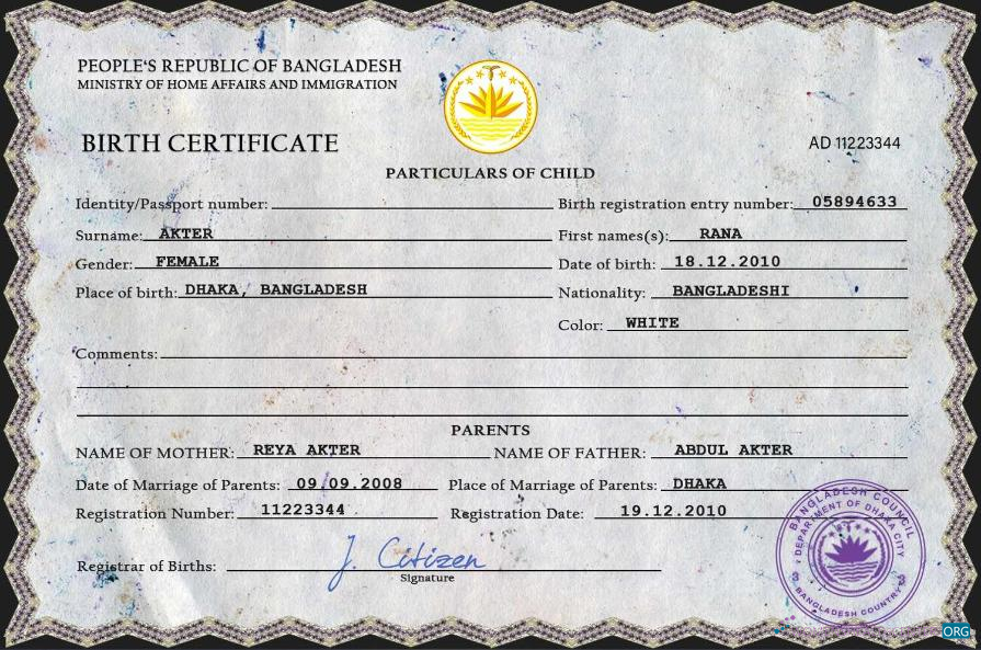 Редактируемый Скачать Бангладеш Vital Record Birth Certificate PSD Шаблон Photoshop Шаблон