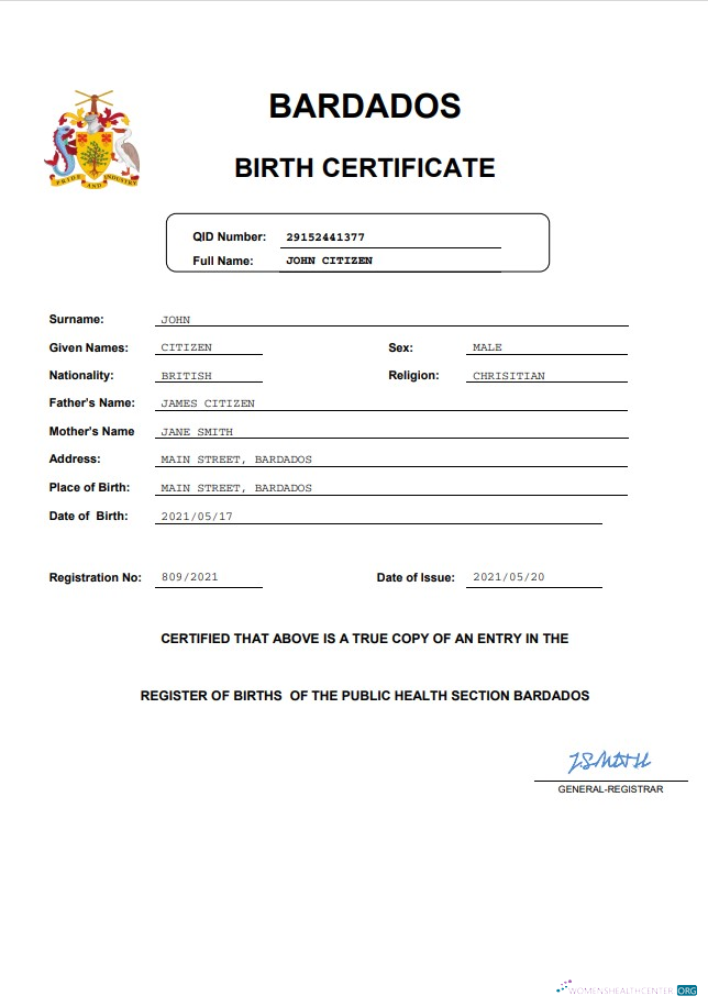 Редактируемый Скачать Барбадос Birth Certificate Шаблон в Word и PDF Photoshop Шаблон