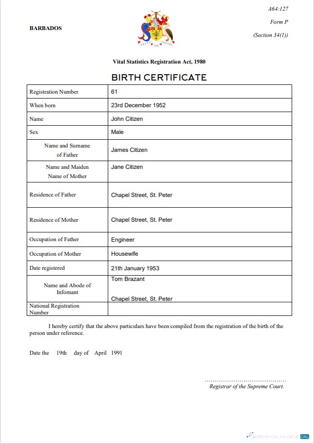 Качественный Скачать Барбадос Birth Certificate Шаблон в Word и PDF Формат Photoshop Шаблон