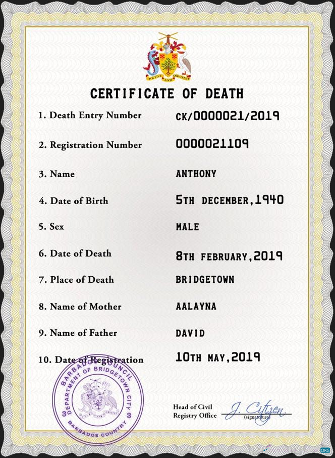 Редактируемый Скачать Барбадос Death Certificate PSD Шаблон Photoshop Шаблон