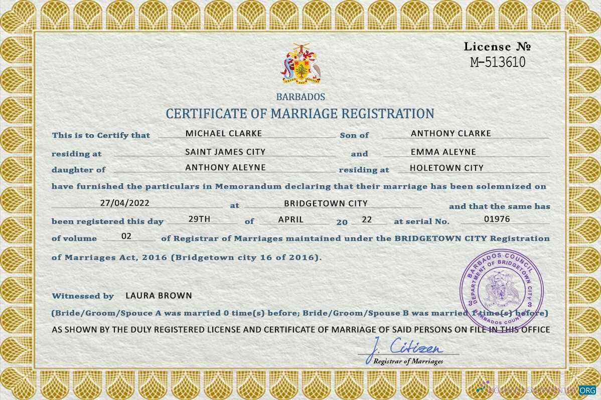 Качественный Скачать Барбадос Marriage Certificate PSD Шаблон Photoshop Шаблон