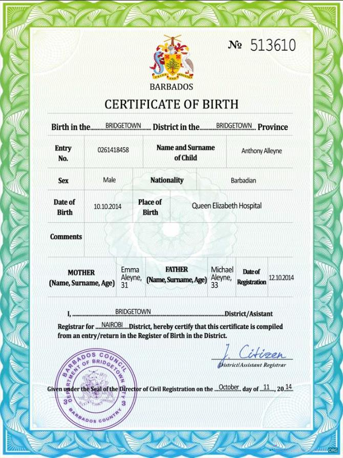 Премиум Скачать Барбадос Vital Record Birth Certificate PSD Шаблон Photoshop Шаблон