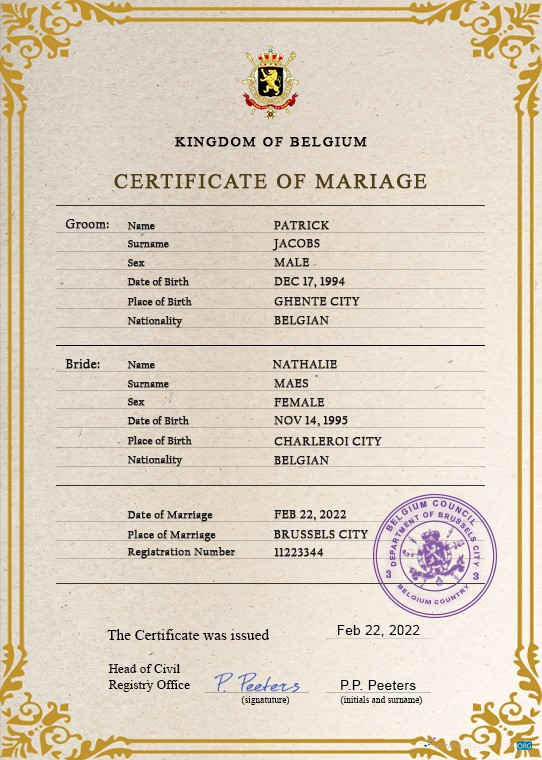 Профессиональный Скачать Бельгия Marriage Certificate PSD Шаблон Photoshop Шаблон