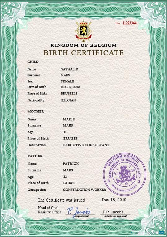 Реалистичный Скачать Бельгия Vital Record Birth Certificate PSD Шаблон Photoshop Шаблон