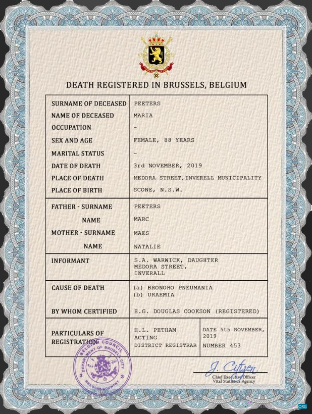 Премиум Скачать Бельгия Vital Record Death Certificate PSD Шаблон Photoshop Шаблон