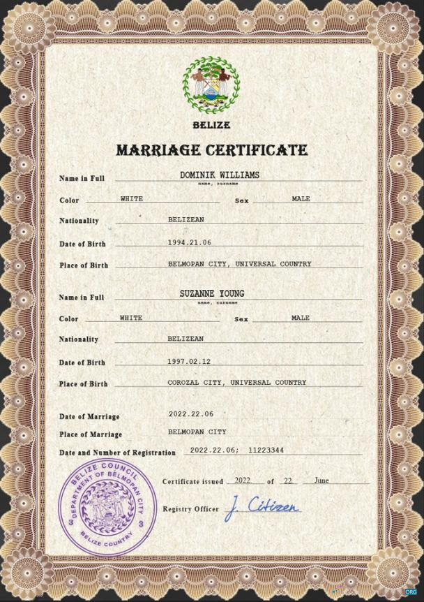 Премиум Скачать Белиз Marriage Certificate PSD Шаблон Photoshop Шаблон