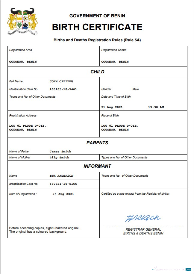 Качественный Скачать Бенин Birth Certificate Word и PDF Шаблон Photoshop Шаблон