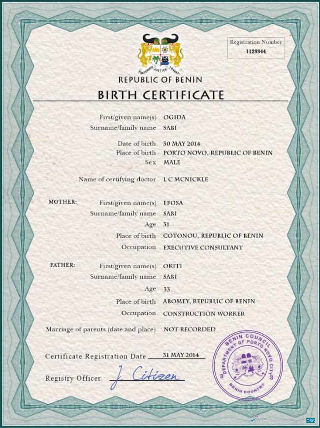 Реалистичный Скачать Бенин Vital Record Birth Certificate PSD Шаблон Photoshop Шаблон