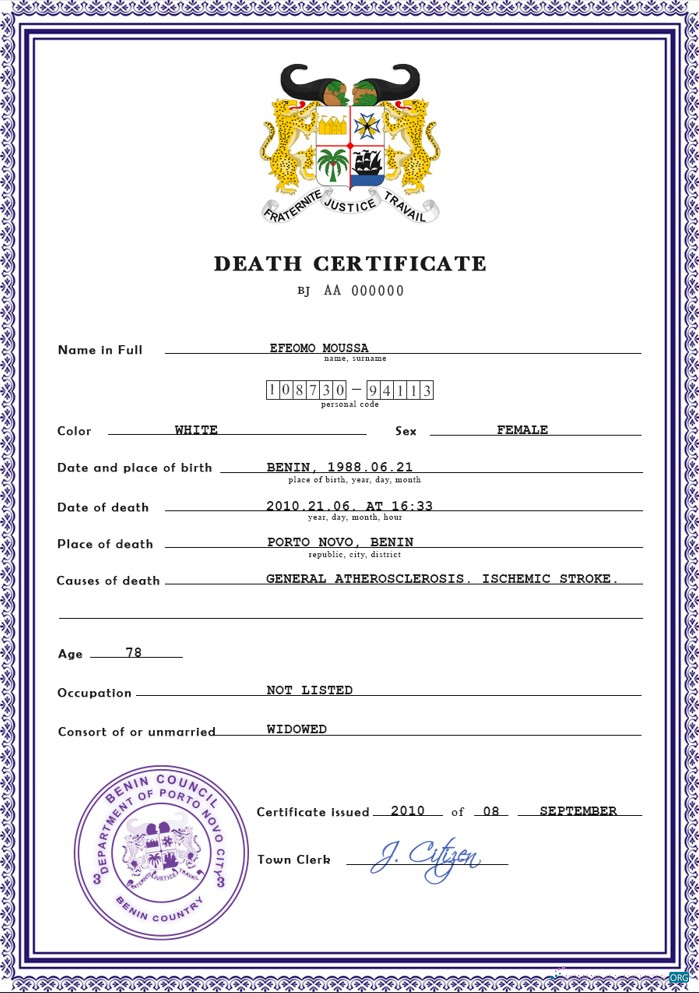 Качественный Скачать Бенин Vital Record Death Certificate PSD Шаблон Photoshop Шаблон