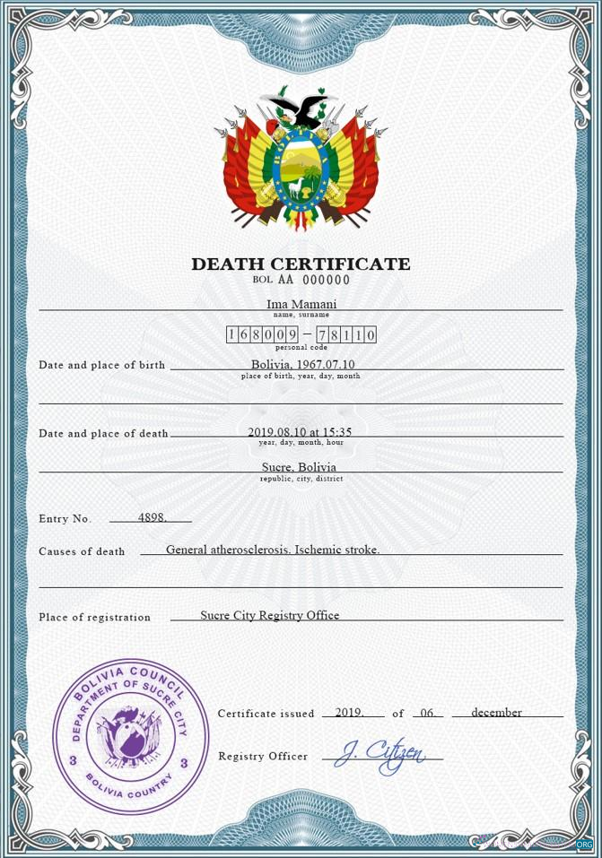 Качественный Скачать Боливия Death Certificate PSD Шаблон Photoshop Шаблон