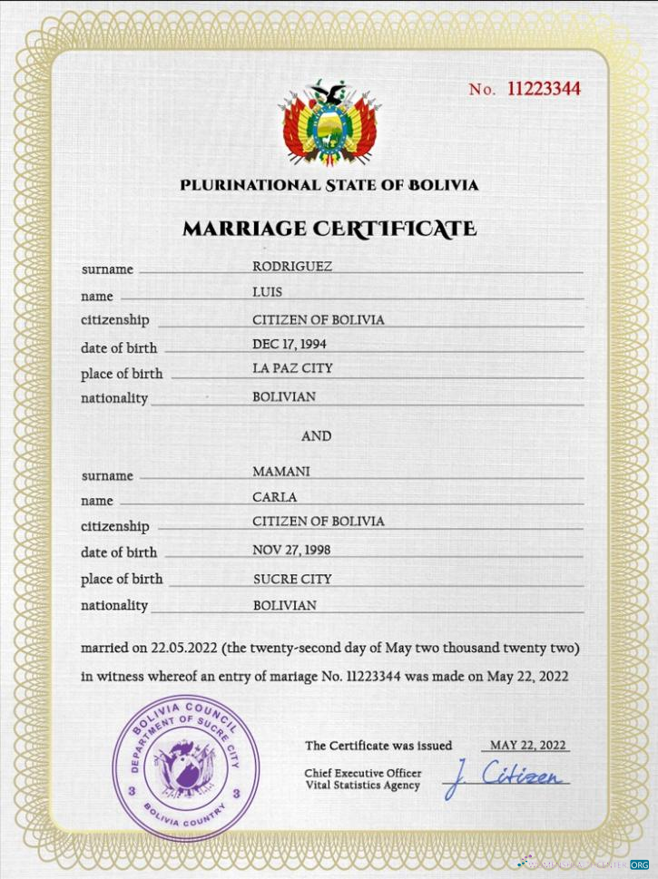 Реалистичный Скачать Боливия Marriage Certificate Photoshop Шаблон