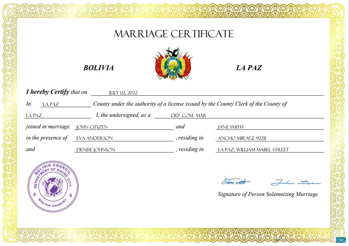 Премиум Скачать Боливия Marriage Certificate Word и PDF Шаблон Photoshop Шаблон