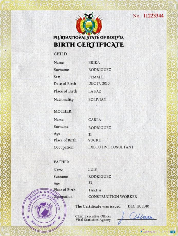 Премиум Скачать Боливия Vital Record Birth Certificate PSD Шаблон Photoshop Шаблон