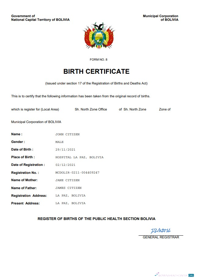 Редактируемый Скачать Боливия Vital Record Birth Certificate Word и PDF Шаблон Photoshop Шаблон