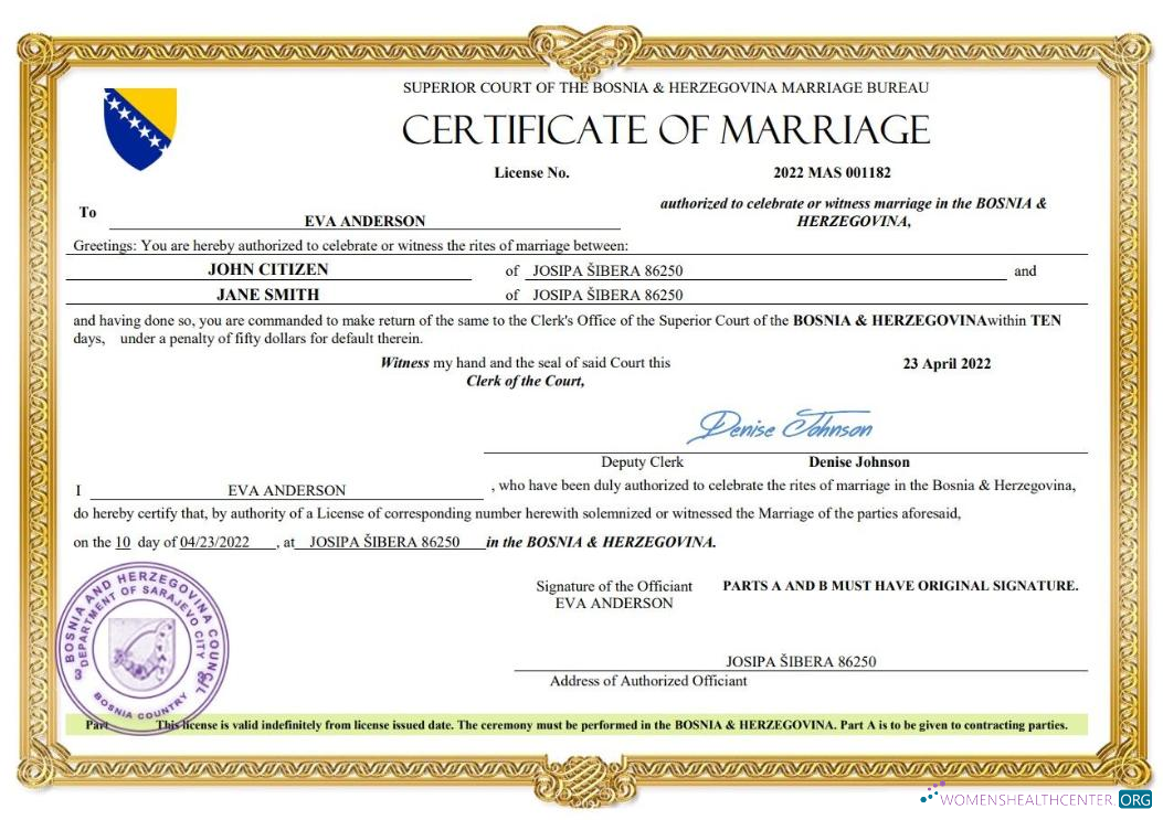 Качественный Скачать Босния & Герцеговина Marriage Certificate Word и PDF Шаблон Photoshop Шаблон
