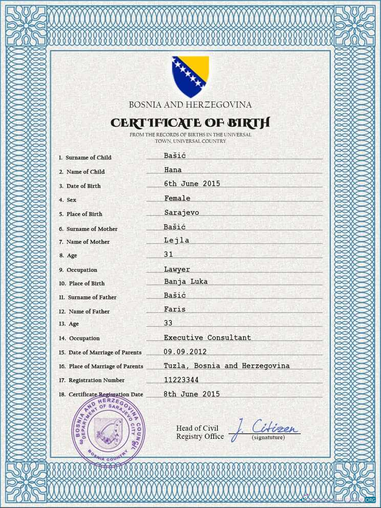 Премиум Скачать Босния и Герцеговина Birth Certificate PSD Шаблон Photoshop Шаблон