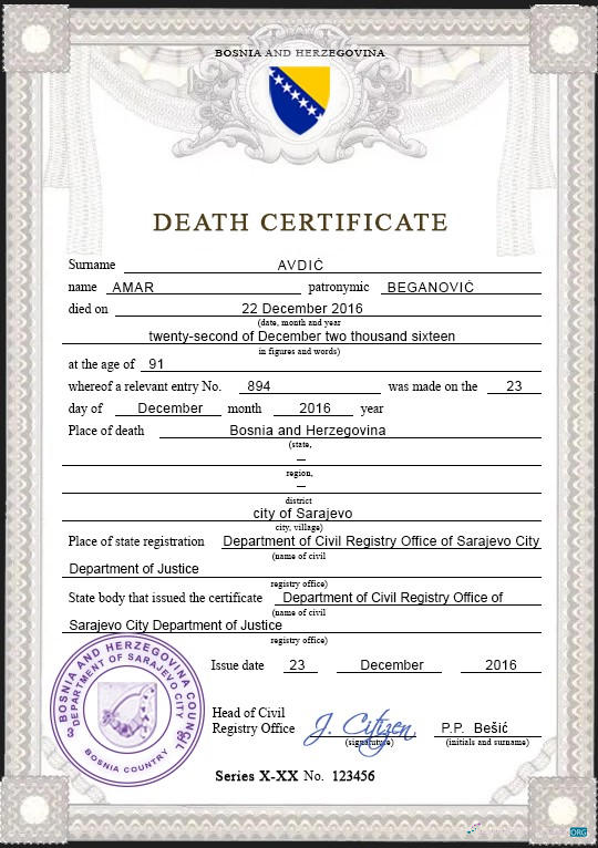 Премиум Скачать Босния и Герцеговина Vital Record Death Certificate PSD Шаблон Photoshop Шаблон