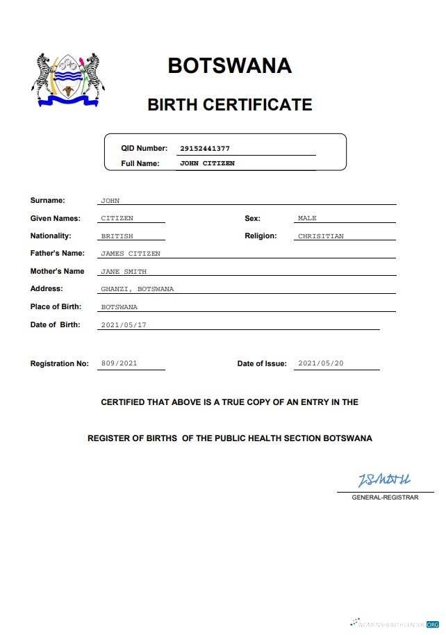 Редактируемый Скачать Ботсвана Birth Certificate Word и PDF Шаблон Photoshop Шаблон