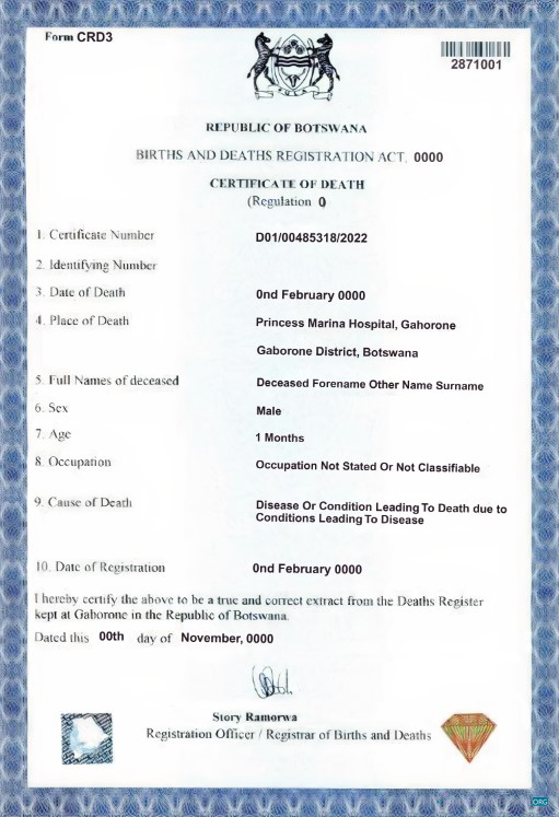 Профессиональный Скачать Ботсвана Death Certificate Шаблон в PSD Формат Photoshop Шаблон