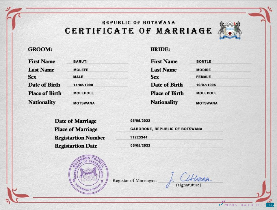 Реалистичный Скачать Ботсвана Marriage Certificate PSD Шаблон Photoshop Шаблон