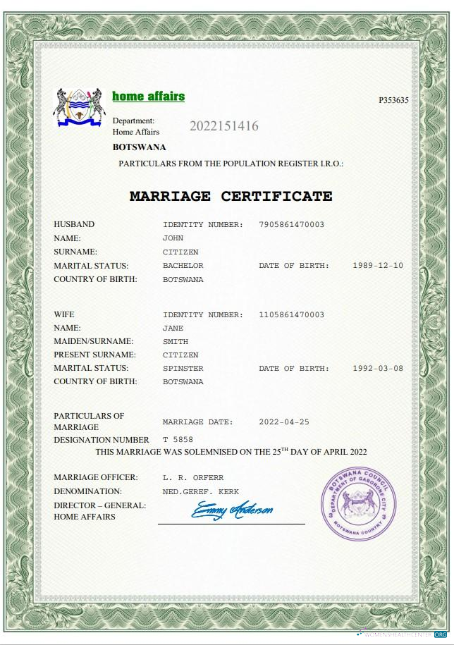 Редактируемый Скачать Ботсвана Marriage Certificate Word и PDF Шаблон Photoshop Шаблон