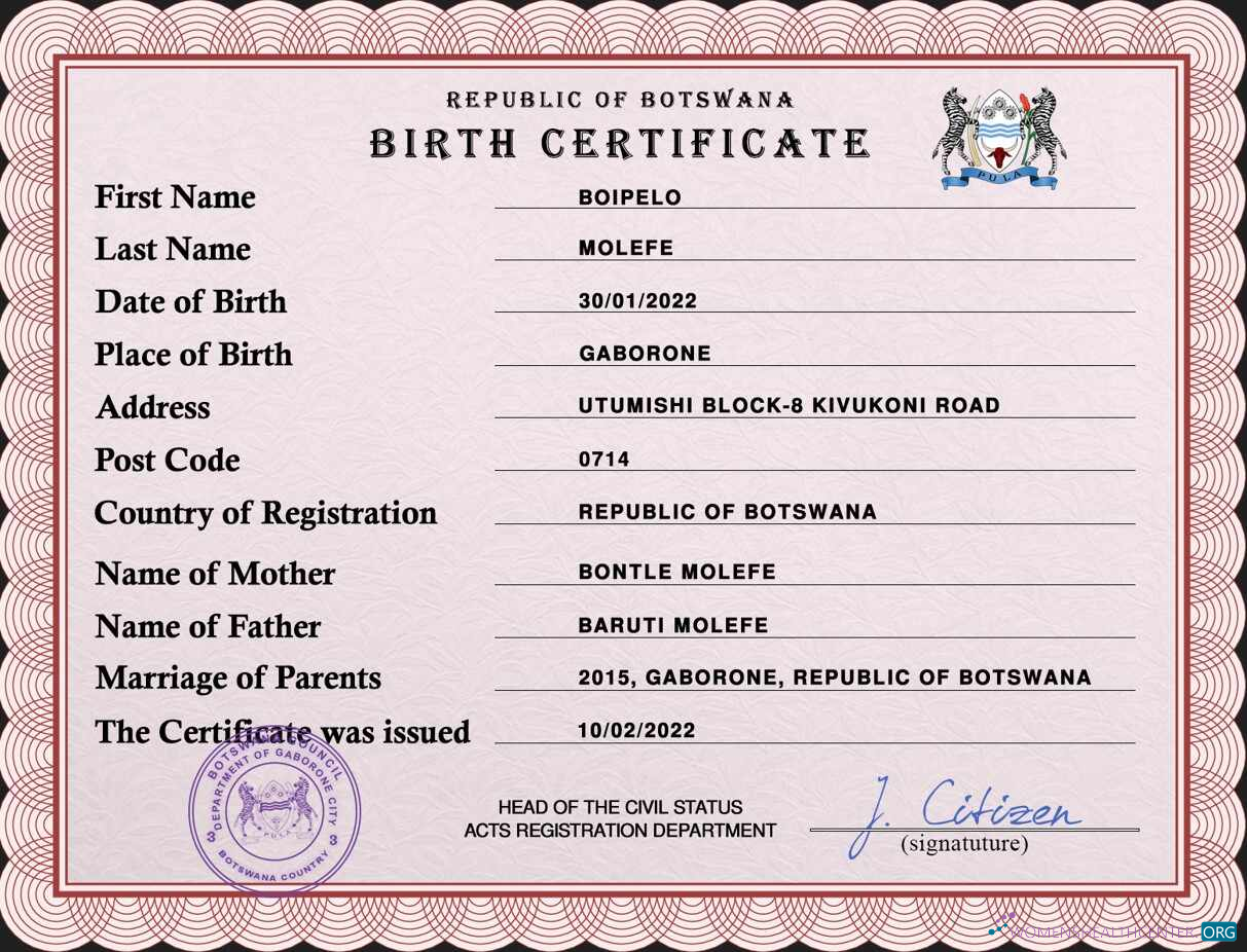 Премиум Скачать Ботсвана Vital Record Birth Certificate PSD Шаблон Photoshop Шаблон