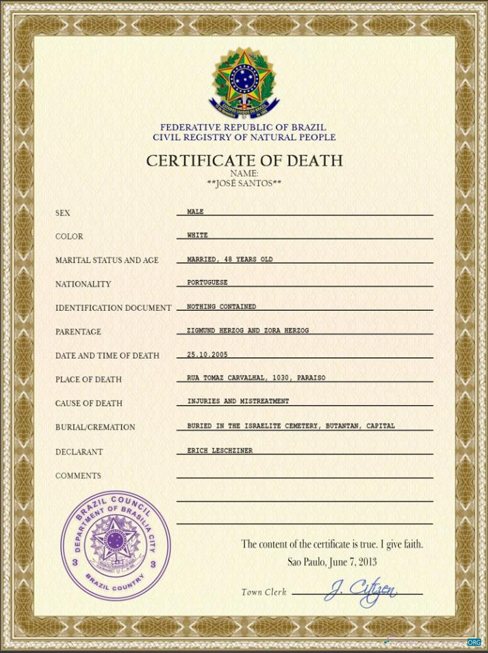 Реалистичный Скачать Бразилия Death Certificate PSD Шаблон Photoshop Шаблон